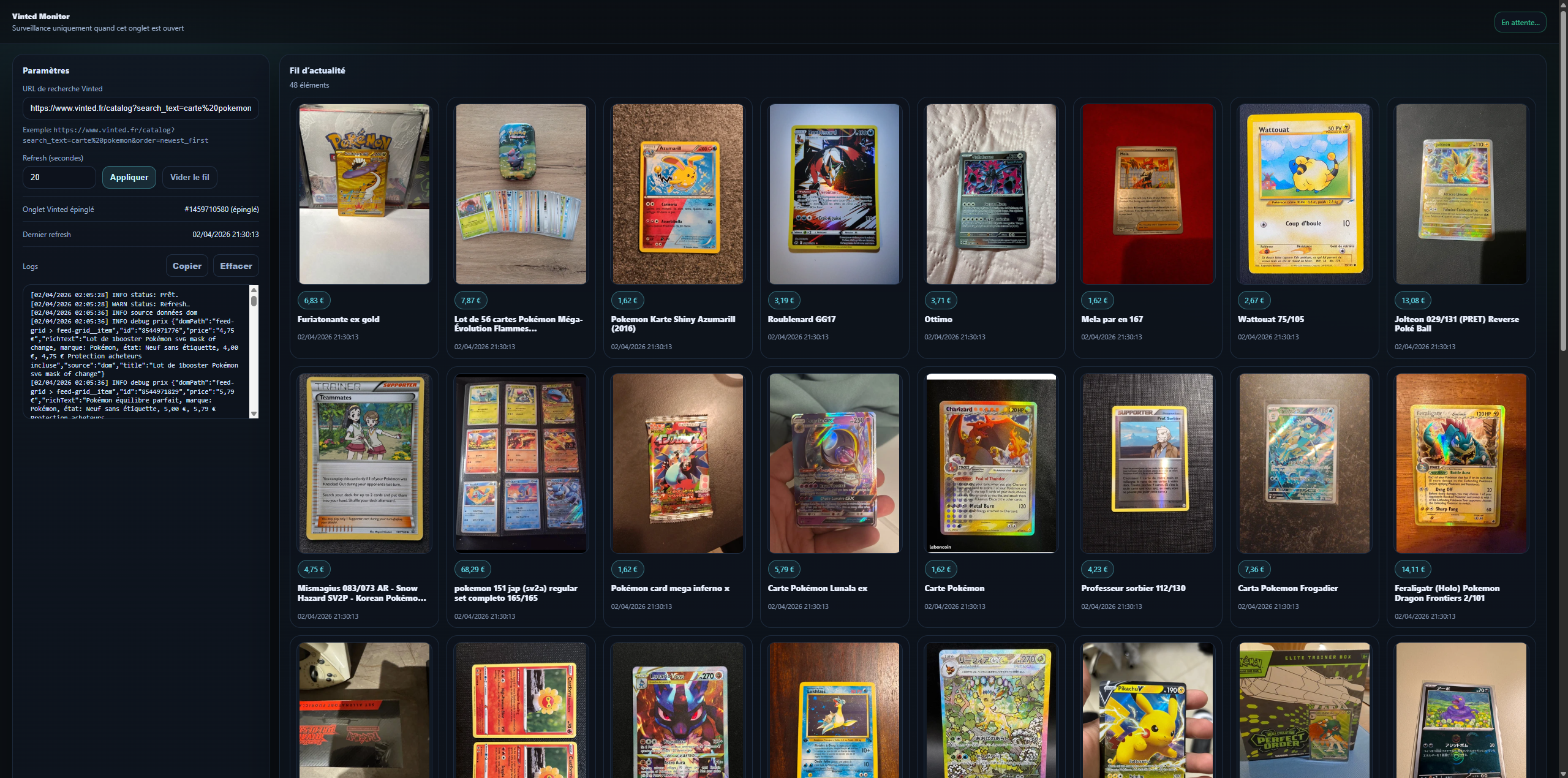 Aperçu de l’interface Snipted : fil d’annonces Vinted
